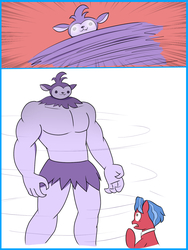 Size: 1200x1600 | Tagged: safe, artist:mew-me, biscuit, bloofy, earth pony, pony, whirling mungtooth, anthro, g4, growing up is hard to do, 2 panel comic, comic, eye glow, muscles, this isn't even my final form, transformation