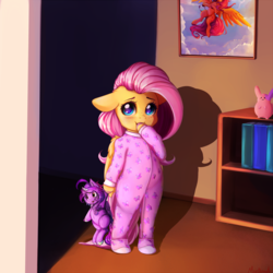 Size: 2000x2000 | Tagged: safe, artist:miokomata, fluttershy, pegasus, pony, semi-anthro, g4, arm hooves, bipedal, blushing, clothes, colored hooves, covering mouth, cute, cuteness overload, female, filly, filly fluttershy, floppy ears, foal, folded wings, footed sleeper, footie pajamas, freckles, freckleshy, high res, hnnng, indoors, looking at you, miokomata is trying to murder us, onesie, pajamas, plushie, precious, shyabetes, smiling, smol, weapons-grade cute, wings, younger
