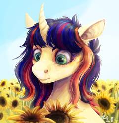 Size: 878x910 | Tagged: safe, artist:black-opal1, oc, oc only, pony, unicorn, curved horn, female, field, flower, horn, mare, solo, sunflower
