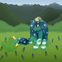 Size: 3500x3500 | Tagged: oc name needed, safe, artist:starshade, oc, oc only, butterfly, earth pony, pony, clothes, commission, female, flower, flower in hair, full body, grass, high res, mare, prone, scenery, smiling, socks, solo, starry eyes, striped socks, wingding eyes, ych result