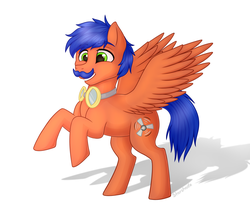 Size: 2728x2383 | Tagged: safe, artist:starshade, oc, oc only, oc:griffin, pegasus, pony, commission, cute, cutie mark, facial hair, goggles, high res, male, moustache, rearing, simple background, smiling, solo, stallion, white background, ych result