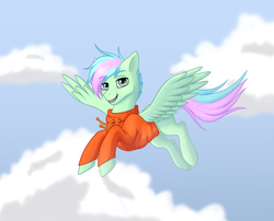Size: 3500x2829 | Tagged: safe, artist:starshade, oc, oc only, oc:gusty breeze, pegasus, pony, clothes, cloud, commission, day, flying, high res, male, sky, smiling, solo, stallion, starry eyes, wingding eyes, ych result