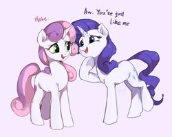 Size: 2023x1608 | Tagged: safe, artist:luciferamon, rarity, sweetie belle, pony, unicorn, g4, growing up is hard to do, cute, dialogue, diasweetes, duo, eye contact, female, gray background, lidded eyes, looking at each other, mare, older, older sweetie belle, open mouth, pink background, proud, raised leg, raribetes, siblings, simple background, sisters, smiling, starry eyes, text, the cmc's cutie marks, underhoof, white background, wingding eyes