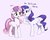 Size: 2023x1608 | Tagged: safe, artist:luciferamon, rarity, sweetie belle, pony, unicorn, g4, growing up is hard to do, my little pony: friendship is magic, cute, dialogue, diasweetes, duo, eye contact, female, gray background, horn, lidded eyes, looking at each other, mare, older, older sweetie belle, open mouth, pink background, proud, raised leg, raribetes, siblings, simple background, sisters, smiling, starry eyes, text, the cmc's cutie marks, underhoof, white background, wingding eyes