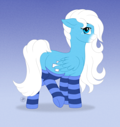 Size: 4017x4266 | Tagged: safe, artist:starshade, oc, oc only, oc:icy heart, pegasus, pony, clothes, cute, cutie mark, female, full body, gradient background, mare, smiling, socks, striped socks