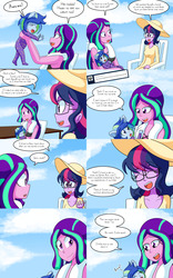 Size: 2000x3200 | Tagged: safe, artist:jake heritagu, aria blaze, sci-twi, twilight sparkle, oc, oc:sparkling sapphire, comic:aria's archives, equestria girls, g4, bikini, chair, clothes, comic, dialogue, female, high res, implied lesbian, implied shipping, implied sunblaze, implied sunsetsparkle, magical lesbian spawn, offspring, parent:sci-twi, parent:sunset shimmer, parents:scitwishimmer, speech bubble, swimsuit, towel