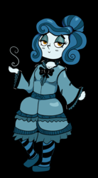 Size: 1650x2993 | Tagged: safe, artist:paskanaakka, derpibooru exclusive, oc, oc only, oc:cerulean swirls, human, black background, clothes, dress, female, humanized, humanized oc, lidded eyes, shoes, simple background, smiling, socks, solo, stockings, striped socks, thigh highs