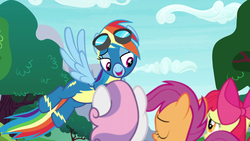 Size: 1920x1080 | Tagged: safe, screencap, apple bloom, rainbow dash, scootaloo, sweetie belle, pony, g4, growing up is hard to do, clothes, cutie mark crusaders, flying, goggles, outdoors, sad, uniform, wonderbolts uniform