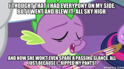 Size: 600x337 | Tagged: safe, edit, edited screencap, screencap, rarity, spike, twilight sparkle, alicorn, dragon, pony, best gift ever, g4, caption, guitar, image macro, memeful.com, musical instrument, playing guitar, playing instrument, ripped pants (spongebob episode), singing, song, song in the comments, song reference, spongebob squarepants, text, twilight sparkle (alicorn), winged spike, wings