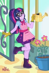 Size: 2400x3600 | Tagged: safe, artist:milliedubois, sci-twi, twilight sparkle, equestria girls, equestria girls series, g4, my little shop of horrors, apron, boots, celestia's house, clothes, cute, female, flower, glasses, gloves, high res, looking at you, raised leg, shoes, smiling, solo, twiabetes, watering can