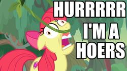 Size: 1024x576 | Tagged: safe, edit, edited screencap, editor:anonycat, screencap, apple bloom, earth pony, pony, g4, growing up is hard to do, caption, female, filly, hoers, hurr durr, image macro, older, older apple bloom, solo, teeth, text, vine