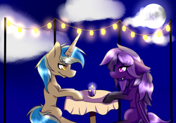 Size: 1100x768 | Tagged: safe, artist:chazmazda, oc, oc only, bat pony, pony, unicorn, candle, cel shading, commission, female, looking at each other, male, mare, romantic, table