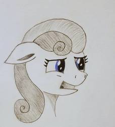 Size: 854x936 | Tagged: safe, artist:polar_storm, bon bon, sweetie drops, earth pony, pony, g4, blue eyes, female, monochrome, partial color, simple background, sketch, solo, traditional art, worried