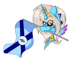 Size: 700x600 | Tagged: safe, artist:chazmazda, oc, oc only, oc:charlie gallaxy-starr, alicorn, pony, black sclera, bust, female, flag, heterochromia, mare, mismatched eyes, mouth hold, shade, simple background, sketch, slit pupils, solo, transparent background