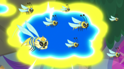 Size: 2000x1121 | Tagged: safe, screencap, bee, flash bee, insect, a horse shoe-in, g4, animal, crown, flying, jewelry, queen bee, regalia, swarm