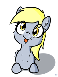 Size: 617x811 | Tagged: safe, artist:yakoshi, derpy hooves, pony, g4, :p, chest fluff, cute, derpabetes, eye clipping through hair, female, head tilt, looking at you, mare, prone, simple background, smiling, solo, tongue out, white background