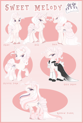 Size: 4940x7265 | Tagged: safe, artist:xwhitedreamsx, oc, oc only, oc:sweet melody, pony, unicorn, absurd resolution, clothes, curved horn, dress, female, gala dress, horn, mare, reference sheet, solo, unshorn fetlocks