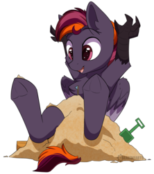 Size: 2184x2457 | Tagged: safe, artist:beardie, oc, oc only, oc:sweeping quill, pony, cute, foal, high res, offspring, parent:oc:blazing heart, parent:oc:crafted sky, parents:oc x oc, playing, sand, simple background, transparent background