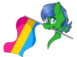 Size: 700x519 | Tagged: safe, artist:chazmazda, oc, oc only, pegasus, pony, bust, commission, flag, male, mouth hold, pansexual, pansexual pride flag, pride, pride flag, shade, simple background, transparent background, ych result