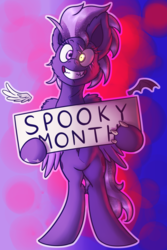 Size: 2000x3000 | Tagged: safe, artist:shad0w-galaxy, oc, oc only, oc:shadow galaxy, pegasus, pony, abstract background, bipedal, fangs, glowing eyes, halloween, high res, holiday, looking at you, nightmare night, scar, smiling, solo