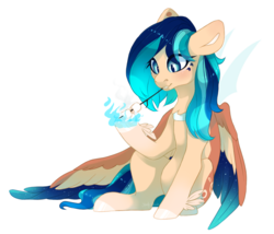 Size: 1390x1191 | Tagged: safe, artist:shady-bush, oc, oc only, oc:sapphire breeze, pegasus, pony, colored wings, female, fire, food, magic, mare, marshmallow, multicolored wings, simple background, solo, transparent background, wings