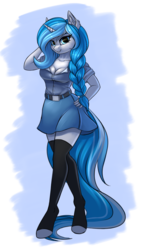 Size: 1840x3200 | Tagged: safe, artist:lightly-san, oc, oc only, oc:bubble lee, unicorn, anthro, unguligrade anthro, anthro oc, arm behind head, beautiful, belt, braid, clothes, cute, female, looking at you, miniskirt, simple background, skirt, solo, stockings, thigh highs, transparent background, zettai ryouiki