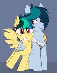 Size: 1146x1461 | Tagged: safe, artist:shinodage, oc, oc only, oc:apogee, oc:delta vee, pony, cute, diageetes, diaveetes, eye clipping through hair, female, freckles, hug, mother and daughter, ocbetes, smiling, winghug