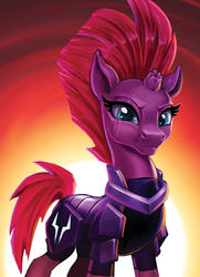 Size: 1575x2175 | Tagged: safe, artist:harwick, tempest shadow, pony, unicorn, g4, my little pony: the movie, armor, beautiful, broken horn, cracked horn, eye scar, female, gradient background, horn, looking at you, mare, mohawk, scar, smiling, smirk, solo