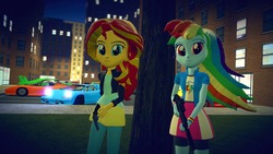 Size: 1920x1080 | Tagged: safe, artist:russianguyt, rainbow dash, sunset shimmer, equestria girls, g4, 3d, badass, car, gmod, gun, looking at you, pose, poster, weapon