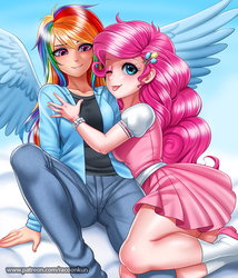 Size: 900x1050 | Tagged: safe, artist:racoonsan, pinkie pie, rainbow dash, human, :p, bracelet, clothes, cute, cutie mark hair accessory, diapinkes, dress, duo, eyeshadow, female, humanized, jeans, jewelry, legs, makeup, one eye closed, pants, shoes, skirt, smiling, socks, tongue out, winged humanization, wings, wink