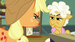 Size: 1280x720 | Tagged: safe, screencap, applejack, goldie delicious, earth pony, pony, g4, going to seed, female, freckles, frown, hat, mare