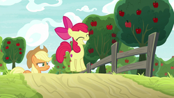 Size: 1280x720 | Tagged: safe, screencap, apple bloom, applejack, pony, g4, going to seed, apple, apple tree, fence, tree