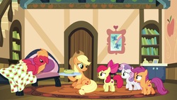 Size: 1920x1080 | Tagged: safe, screencap, apple bloom, applejack, big macintosh, scootaloo, sweetie belle, pony, g4, growing up is hard to do, cutie mark crusaders, food, soup