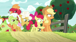 Size: 1280x720 | Tagged: safe, screencap, apple bloom, applejack, big macintosh, goldie delicious, granny smith, earth pony, pony, g4, going to seed, apple, apple tree, female, fence, filly, foal, male, mare, stallion, tree