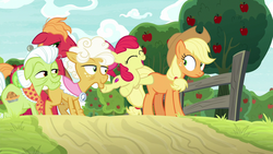 Size: 1280x720 | Tagged: safe, screencap, apple bloom, applejack, big macintosh, goldie delicious, granny smith, pony, g4, going to seed, apple, apple tree, fence, tree