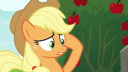 Size: 1280x720 | Tagged: safe, screencap, applejack, earth pony, pony, g4, going to seed, apple, apple tree, female, freckles, mare, raised hoof, solo, tree