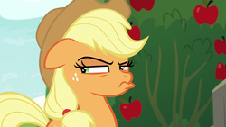 Size: 1280x720 | Tagged: safe, screencap, applejack, earth pony, pony, g4, going to seed, apple, apple tree, female, floppy ears, freckles, frown, mare, pouting, pursed lips, solo, suspicious, tree