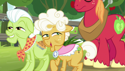 Size: 1280x720 | Tagged: safe, screencap, big macintosh, goldie delicious, granny smith, earth pony, pony, g4, going to seed, apple, apple tree, fence, tree