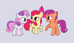Size: 2828x1678 | Tagged: safe, artist:ivyredmond, apple bloom, scootaloo, sweetie belle, earth pony, pegasus, pony, unicorn, g4, adorabloom, bow, cute, cutealoo, cutie mark crusaders, diasweetes, gray background, hair bow, pac-man eyes, simple background, smiling