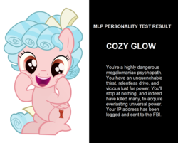 Size: 1420x1144 | Tagged: safe, cozy glow, pony, g4, cozy glow is best facemaker, cozybetes, cute, fbi, female, foal, happy, parody, personality test, psychopath, pure concentrated unfiltered evil of the utmost potency, pure unfiltered evil, solo