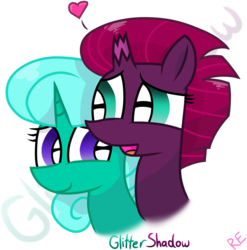 Size: 1064x1076 | Tagged: safe, artist:rainbow eevee edits, artist:徐詩珮, glitter drops, tempest shadow, pony, g4, broken horn, cute, female, heart, horn, lesbian, looking at each other, open mouth, polyamory, ship:glittershadow, shipping, simple background, sticker, transparent background
