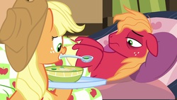 Size: 1920x1080 | Tagged: safe, screencap, applejack, big macintosh, earth pony, pony, g4, growing up is hard to do, female, food, male, mare, mouth hold, sick, soup, stallion