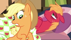 Size: 1920x1080 | Tagged: safe, screencap, applejack, big macintosh, earth pony, pony, g4, growing up is hard to do, applejack is not amused, bags under eyes, bed, brother and sister, duo, female, firm, freckles, gritted teeth, in bed, male, mare, miserable, raised eyebrow, siblings, stallion, unamused