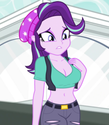 Size: 721x824 | Tagged: safe, edit, edited screencap, editor:ah96, screencap, starlight glimmer, human, equestria girls, equestria girls specials, g4, my little pony equestria girls: mirror magic, beanie, belly button, breast edit, breasts, busty starlight glimmer, cleavage, clothes, cropped, female, hat, midriff, ripped pants, short shirt, solo, stupid sexy starlight glimmer, vest