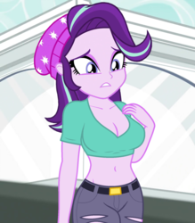 Size: 721x824 | Tagged: safe, edit, edited screencap, editor:ah96, screencap, starlight glimmer, equestria girls, equestria girls specials, g4, my little pony equestria girls: mirror magic, beanie, belly button, breast edit, breasts, busty starlight glimmer, cleavage, clothes, cropped, female, hat, midriff, ripped pants, sexy, short shirt, solo, stupid sexy starlight glimmer
