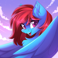 Size: 2222x2222 | Tagged: safe, artist:airiniblock, oc, oc only, oc:lucid heart, pegasus, pony, rcf community, bust, cheek fluff, chest fluff, ear fluff, eye clipping through hair, eyebrows, eyebrows visible through hair, female, high res, mare, open mouth, sky, smiling, solo, wings