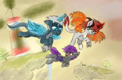 Size: 3400x2236 | Tagged: safe, artist:move, oc, oc:exuro firesong, oc:fledermaus, oc:noc visum, bat pony, kirin, pony, afternoon, artificial wings, augmented, family, feel good inc, flying, happy, headcanon, high res, horns, magic, magic wings, windmill, wings