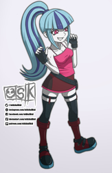 Size: 1017x1562 | Tagged: safe, artist:oldskullkid, sonata dusk, equestria girls, g4, bangs, boots, breasts, cleavage, clothes, cute, gloves, grin, happy, miniskirt, ponytail, shoes, skirt, smiling, socks, solo, sonatabetes, thigh highs, zettai ryouiki