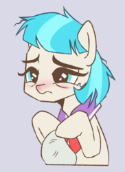 Size: 546x749 | Tagged: safe, artist:ivyredmond, coco pommel, earth pony, pony, g4, blushing, cute, female, mare, red nosed, sick, solo