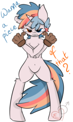 Size: 3000x5000 | Tagged: safe, artist:frowfrow, oc, oc:dr.miles, pony, unicorn, semi-anthro, artificial hands, belly button, blushing, gritted teeth, heterochromia, solo, teeth